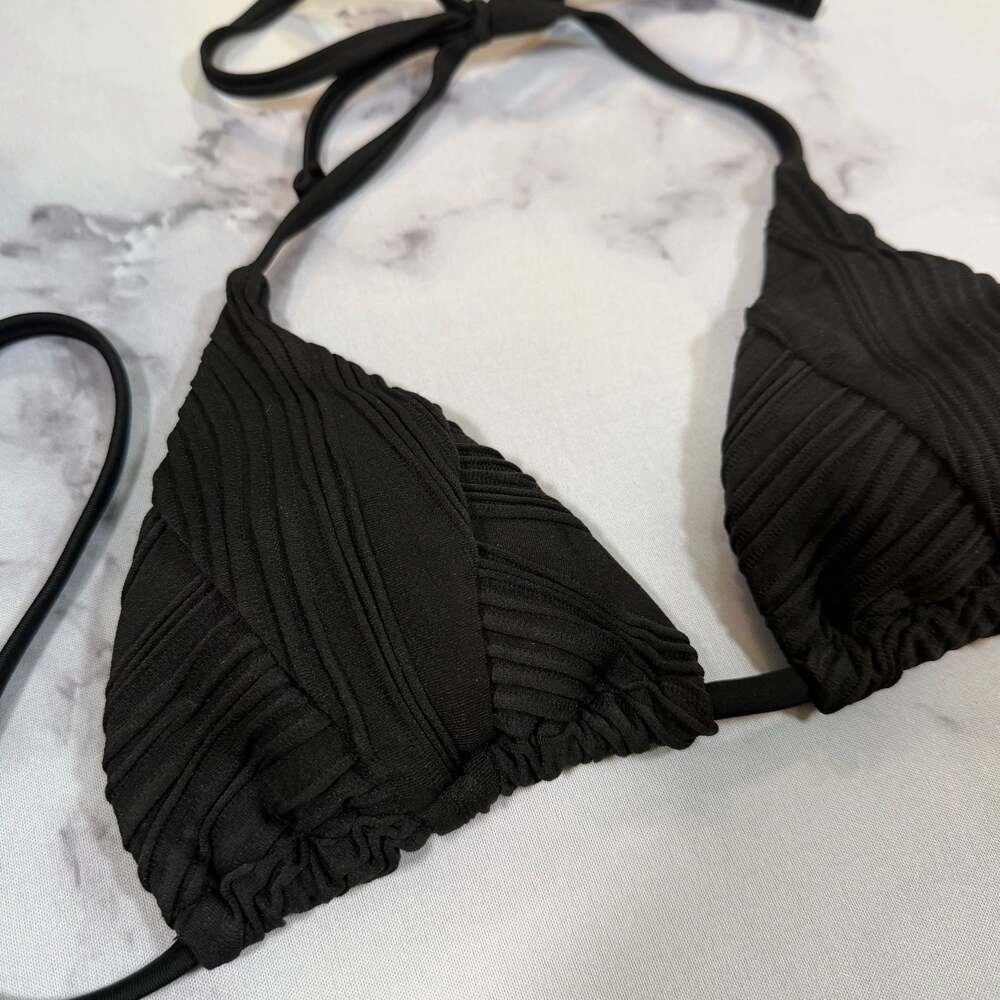 Black Ribbed Triangle String Bikini Two-Piece Cheeky Set Small - Picture 3 of 9